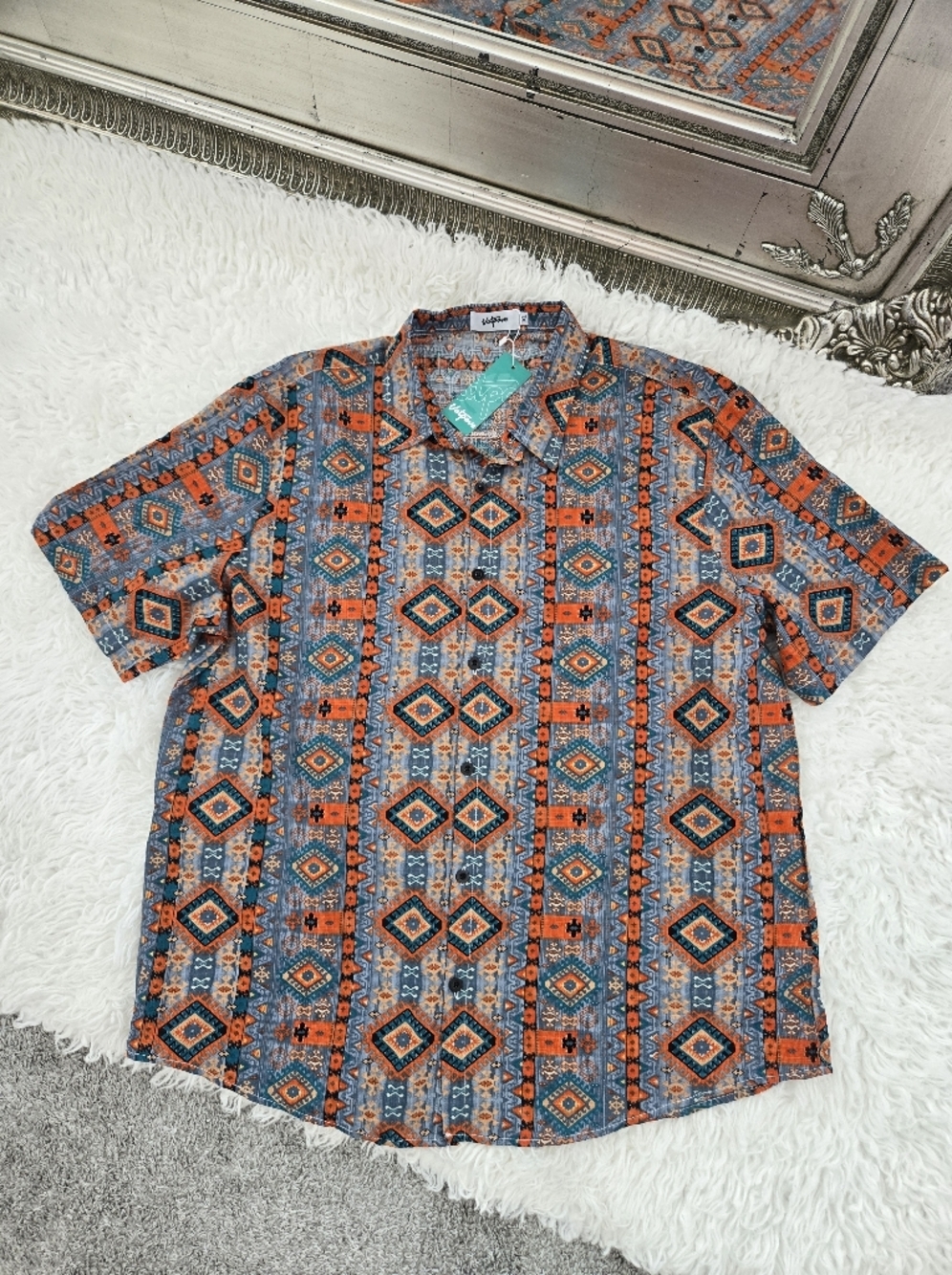 VATPAVE Cotton Blend Aztec Geometric Button Down Short Sleeve Shirt. Size XL. Ne